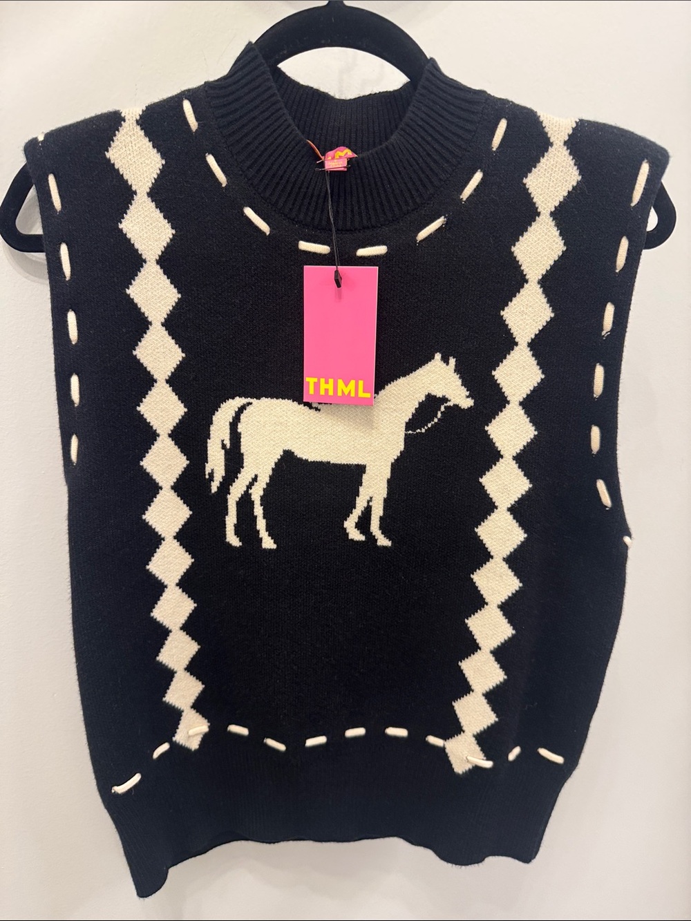 THML Black & Cream Horse Intarsia Sleeveless V-Neck Sweater Vest